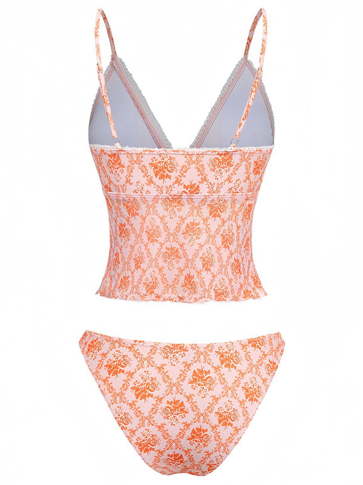 Orange 1970er Tief V-Ausschnitt Blumen Druck Tankini Set - Image 3