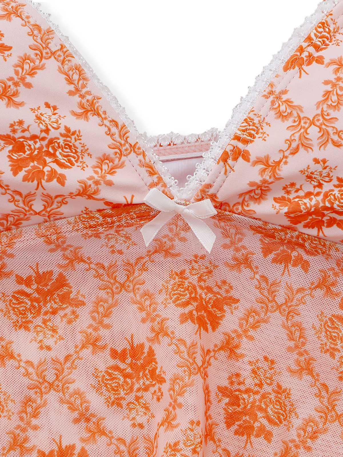 Orange 1970er Tief V-Ausschnitt Blumen Druck Tankini Set - Image 4