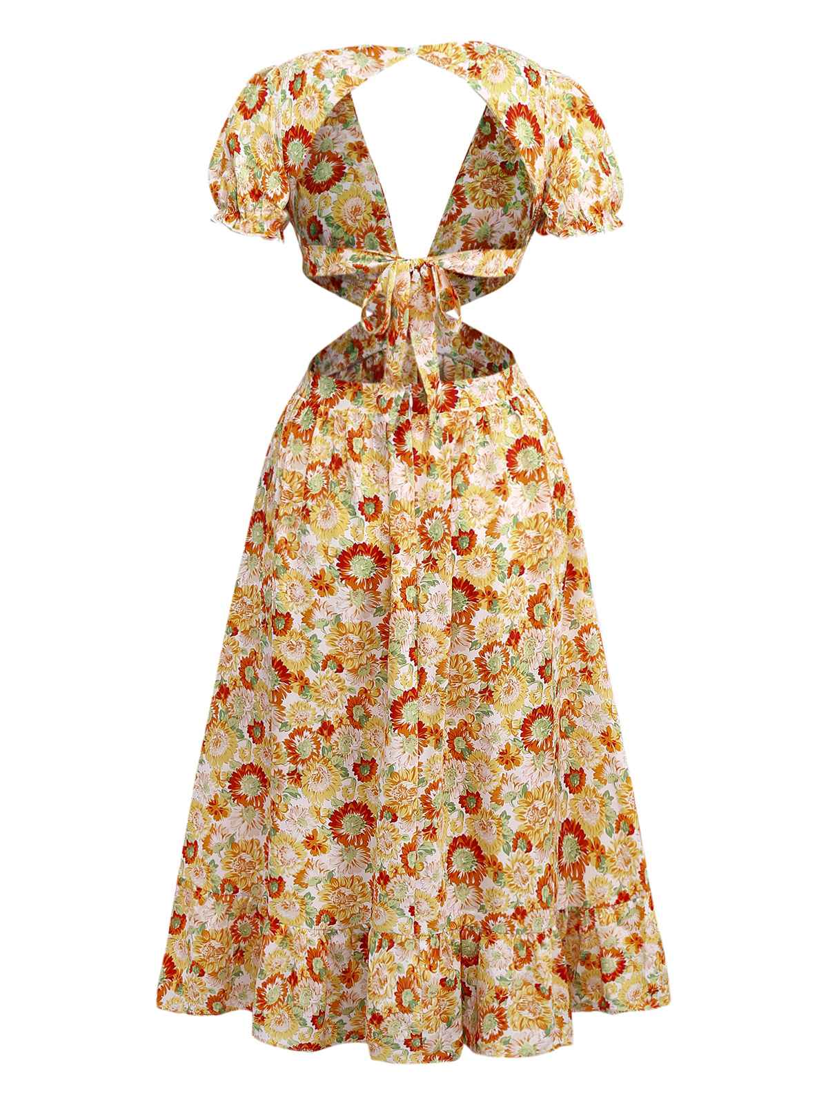 Orange 1970er Tief V-Ausschnitt Sonnenblume Boho Kleid - Image 2