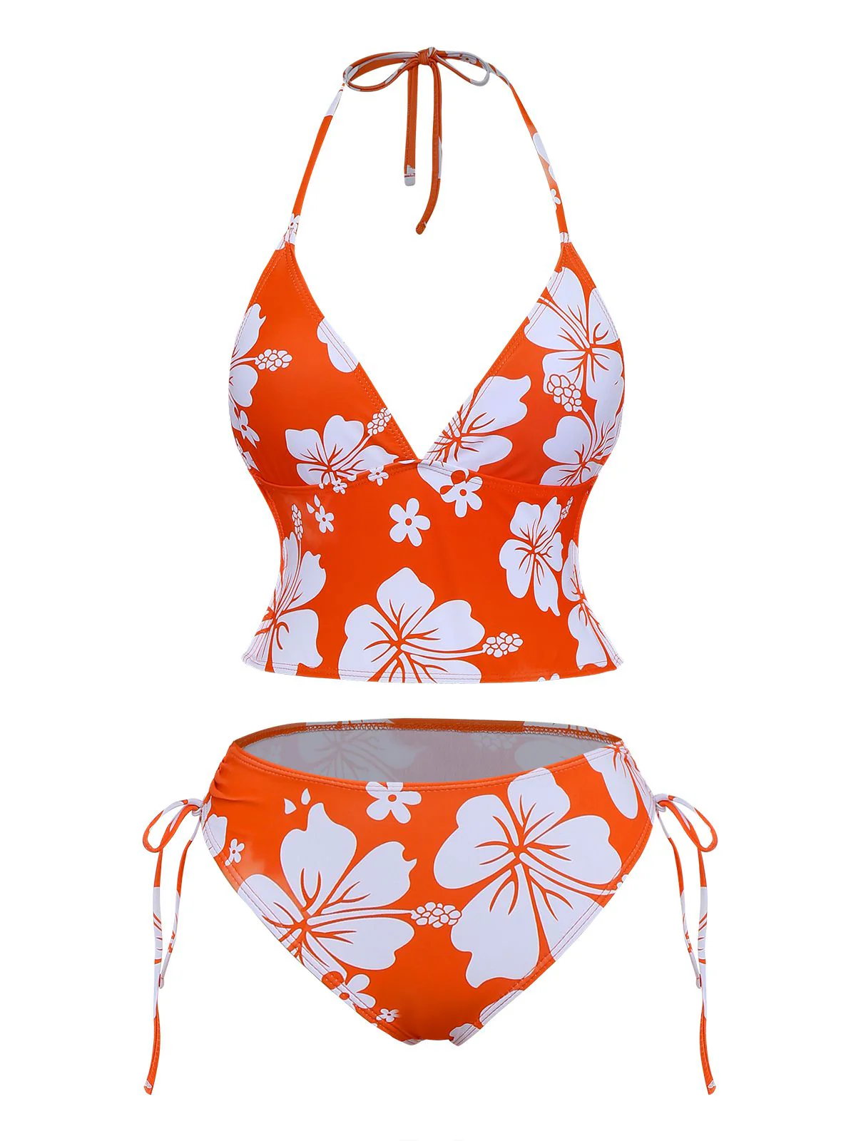 Orange 1970er Tropisch Blumen Halter Tankini Set - Image 2