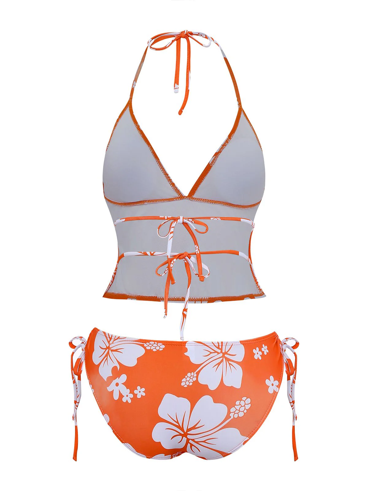 Orange 1970er Tropisch Blumen Halter Tankini Set - Image 3