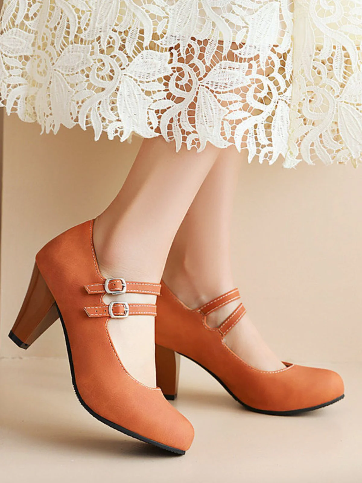 Orange Doppelschnalle Träger Mary Jane Heels Schuhe - Image 2
