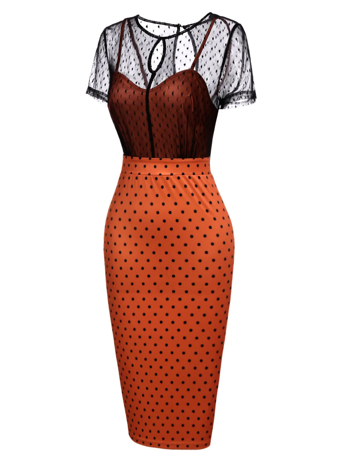 ORANGE VINTAGE KURZARM DOT PENCIL KLEID - Image 2