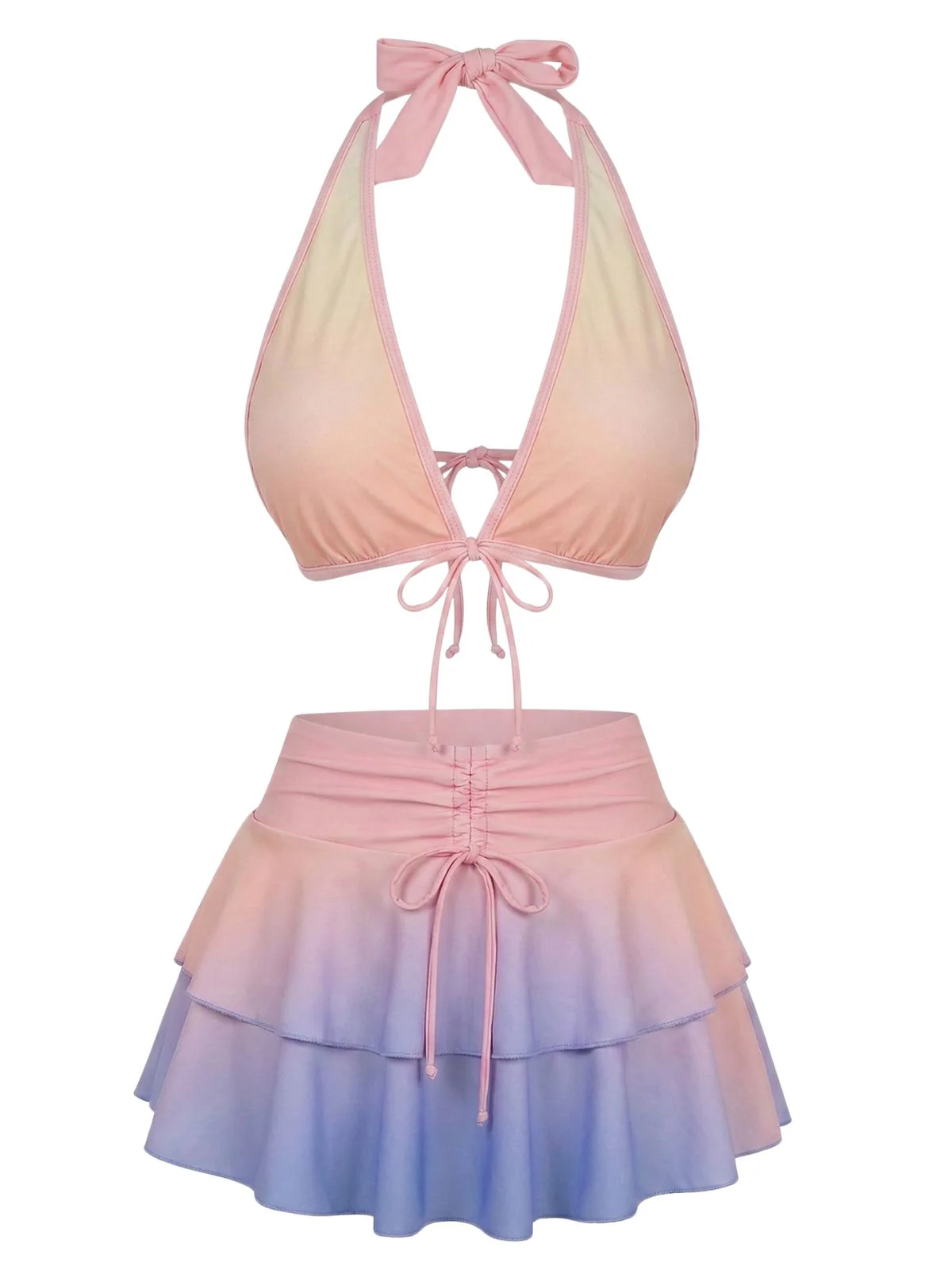 [Vorverkauf] Pastell-Ombre 50er Bikini-Set mit Rüschenrock und Neckholder - Image 2