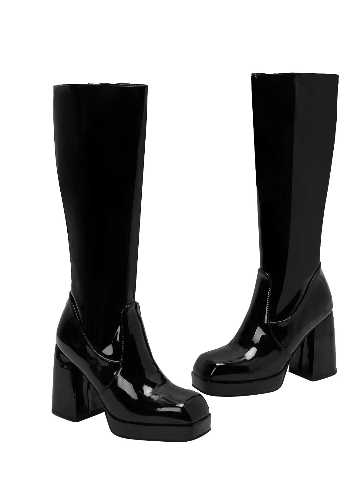 Solide Patent Leder Round Toe Hoher Absatz Stiefel - Image 12