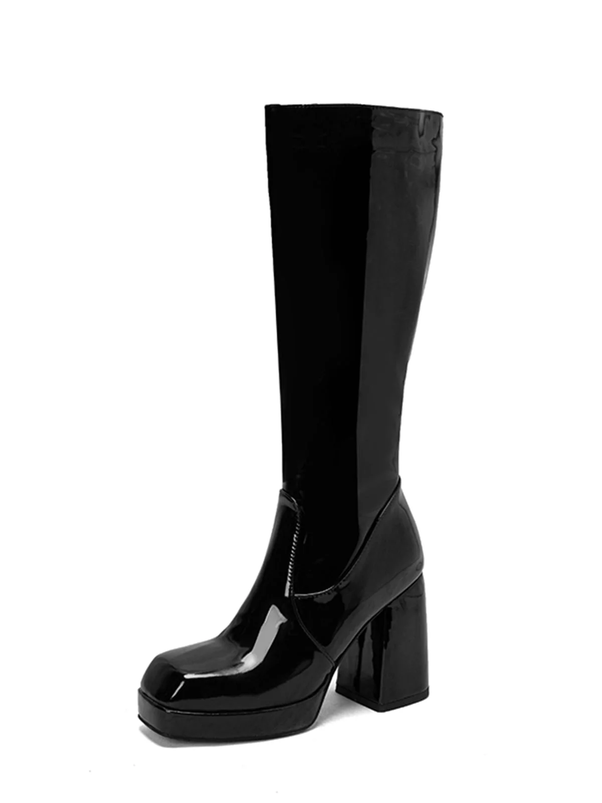 Solide Patent Leder Round Toe Hoher Absatz Stiefel - Image 13