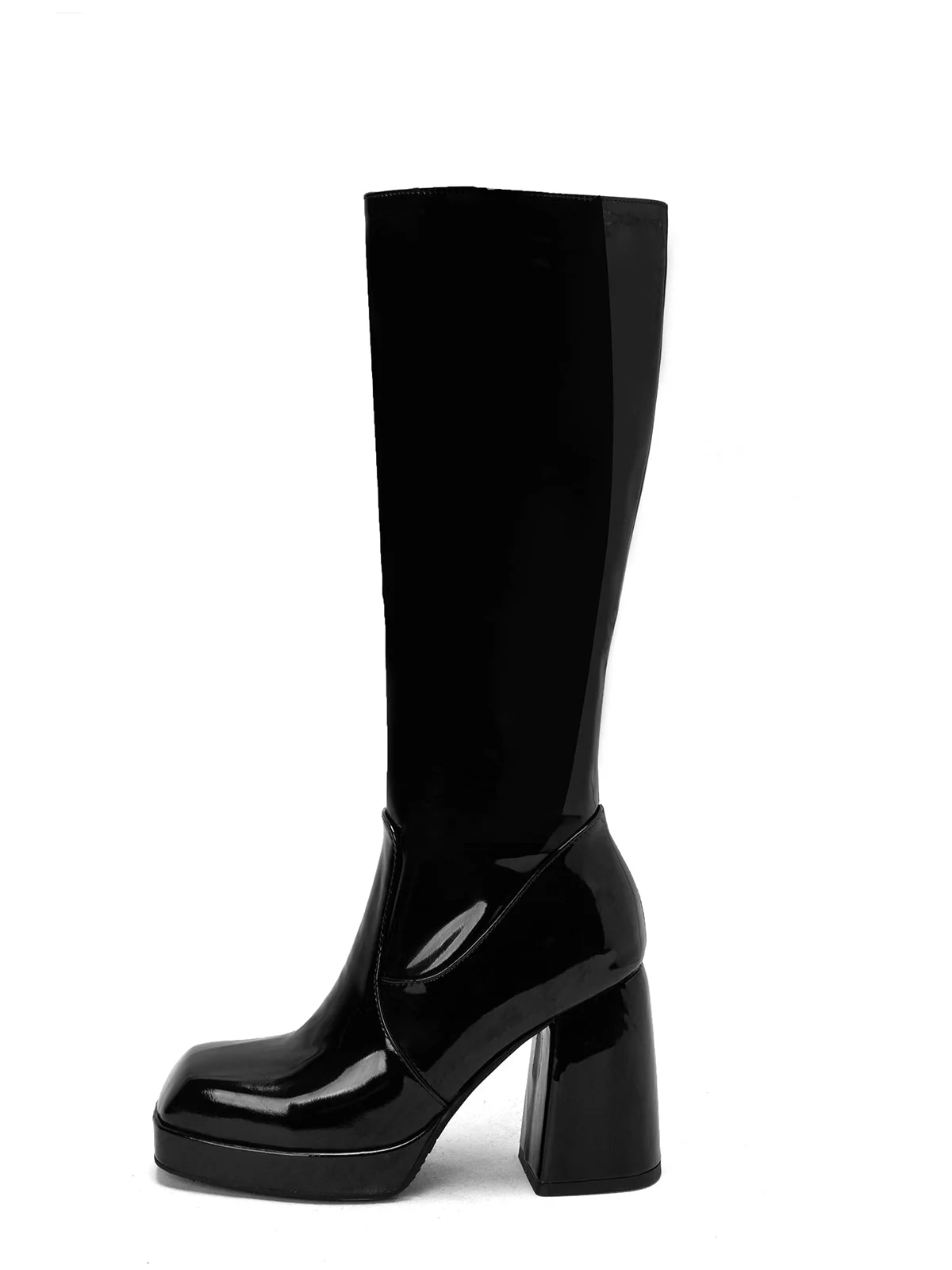 Solide Patent Leder Round Toe Hoher Absatz Stiefel - Image 14