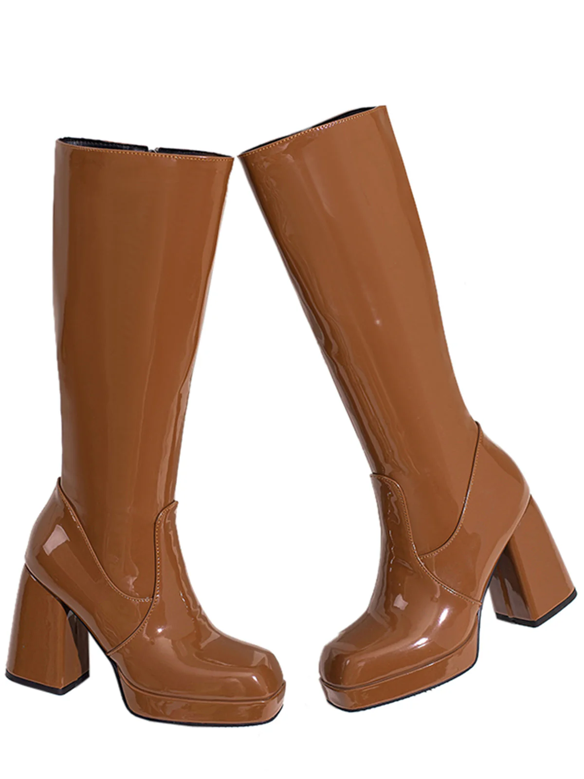 Solide Patent Leder Round Toe Hoher Absatz Stiefel - Image 19