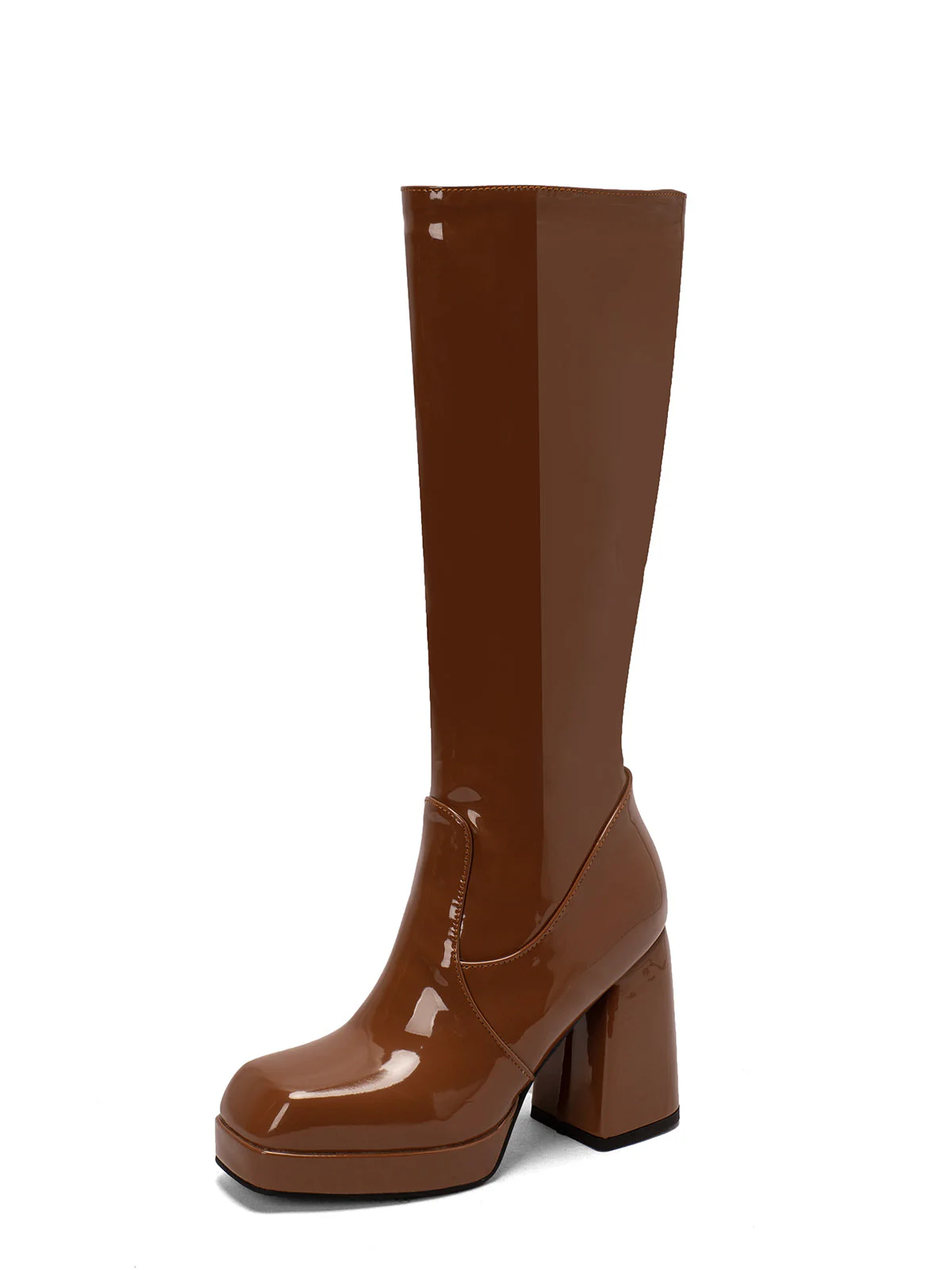 Solide Patent Leder Round Toe Hoher Absatz Stiefel - Image 21
