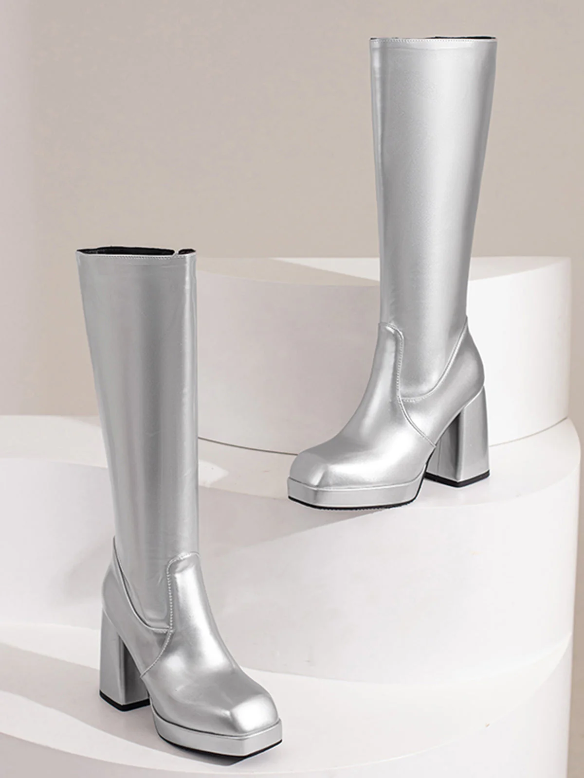 Solide Patent Leder Round Toe Hoher Absatz Stiefel - Image 28