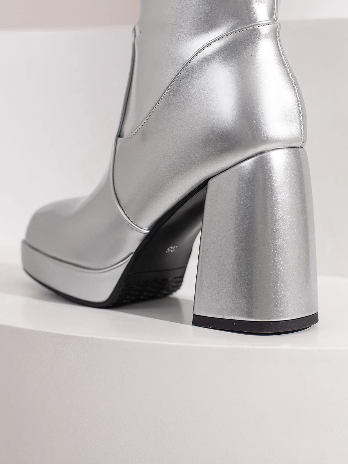 Solide Patent Leder Round Toe Hoher Absatz Stiefel - Image 31