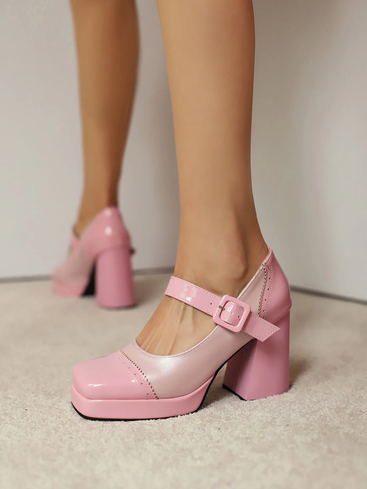 Patent Leder Block Ferse Quadrat Zehe High Heels - Image 7