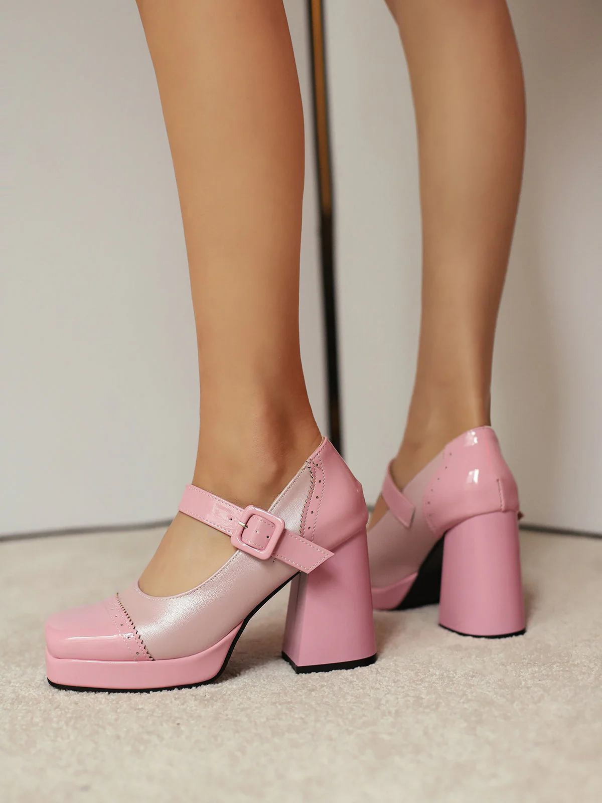 Patent Leder Block Ferse Quadrat Zehe High Heels - Image 8