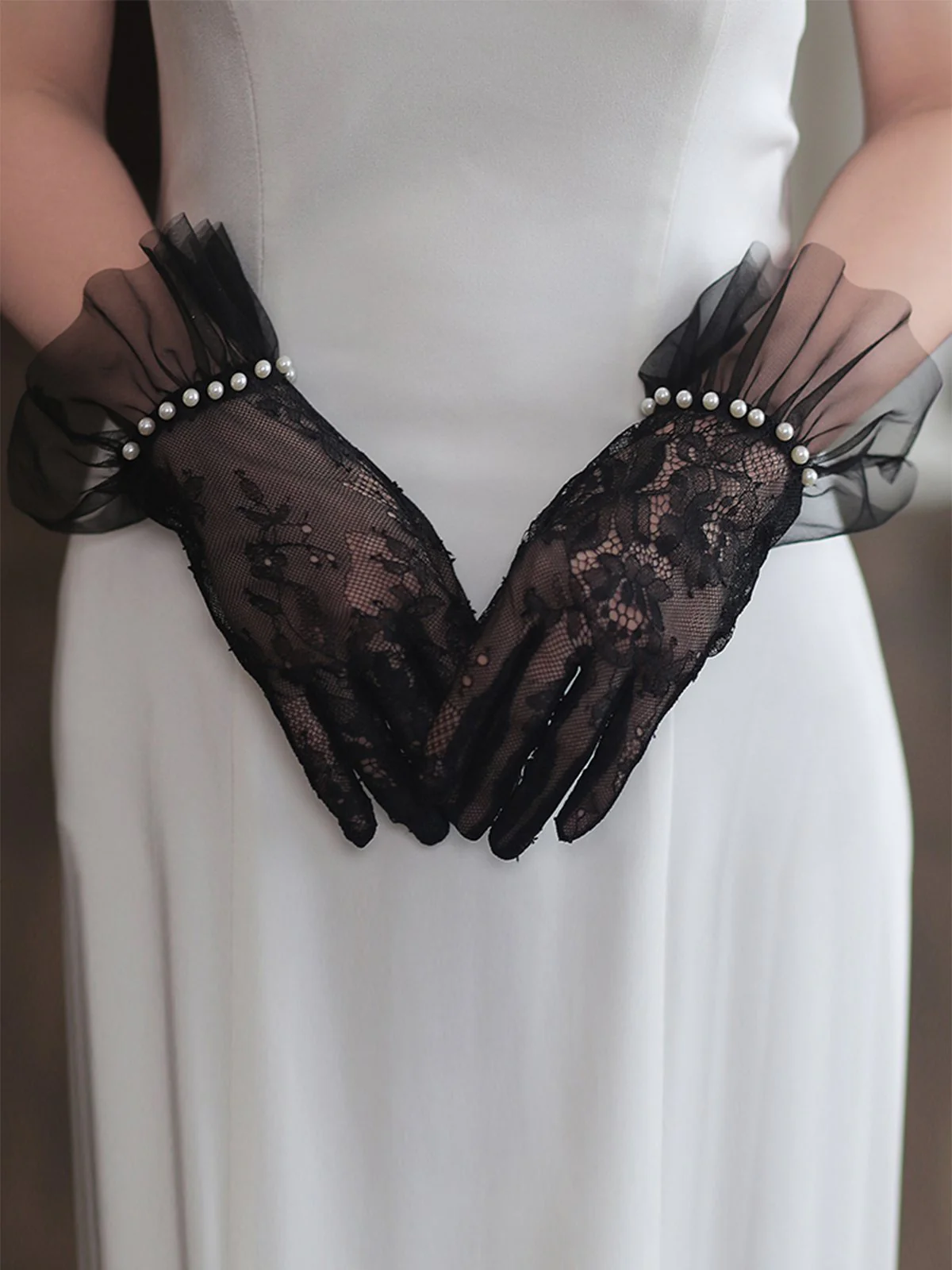 Perle Genähte Chiffon Spitze Handschuhe - Image 3