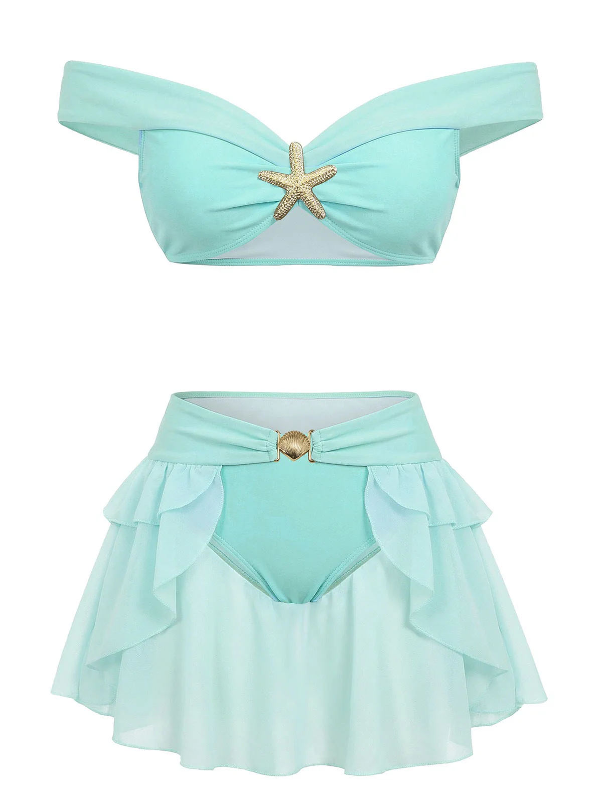 70er Bikini-Set mit Jasmin, schulterfrei und Rüschen in Türkis