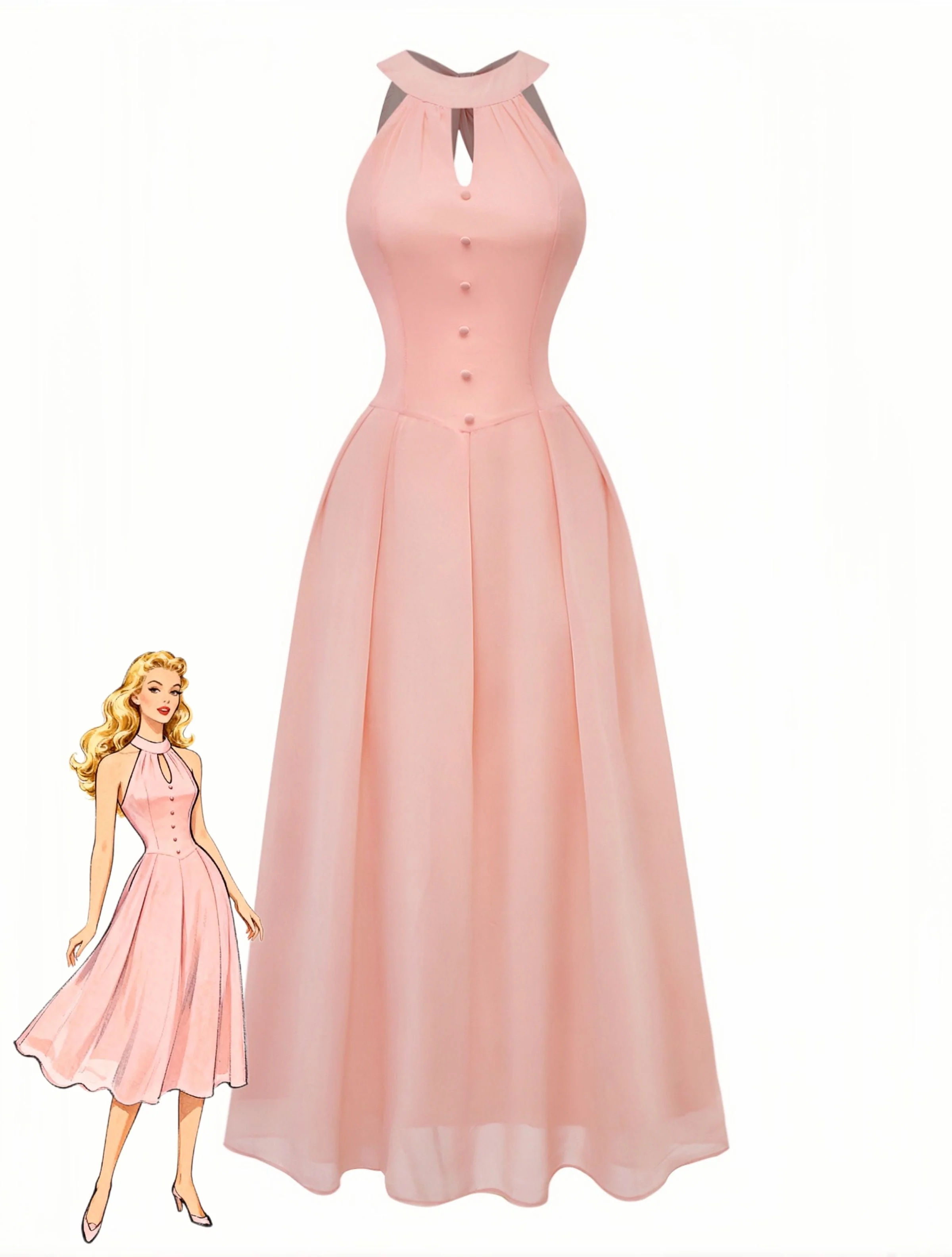 Pfirsich 1940er Halter Cutout Knopfleiste Maxi Kleid
