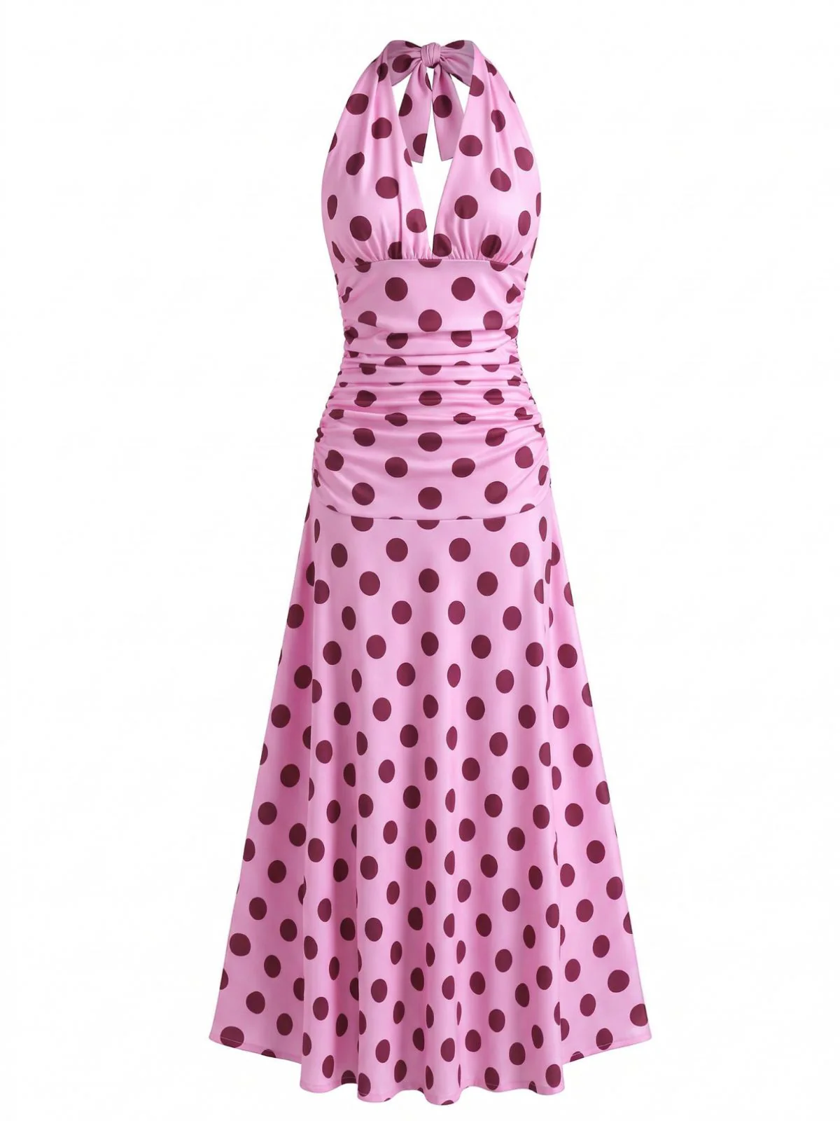 Pfirsichrosa 1930er Polka Dot V-Ausschnitt Halter Midi Kleid - Image 2