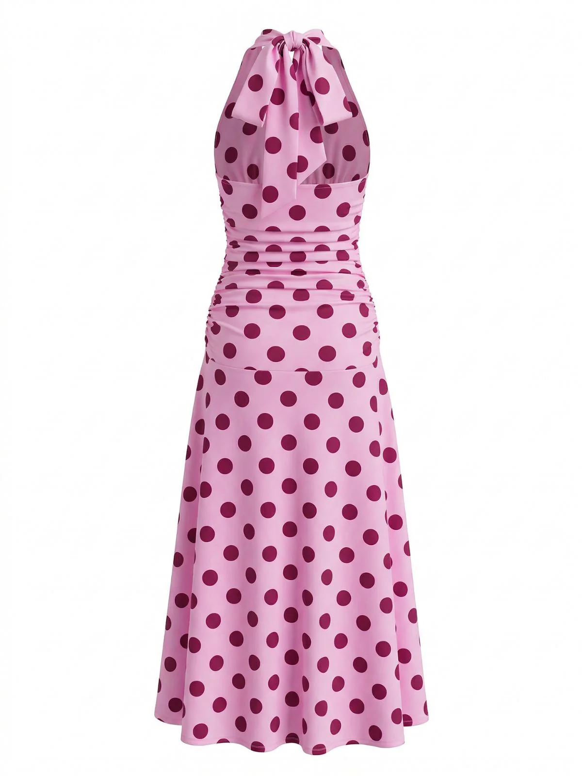 Pfirsichrosa 1930er Polka Dot V-Ausschnitt Halter Midi Kleid - Image 3