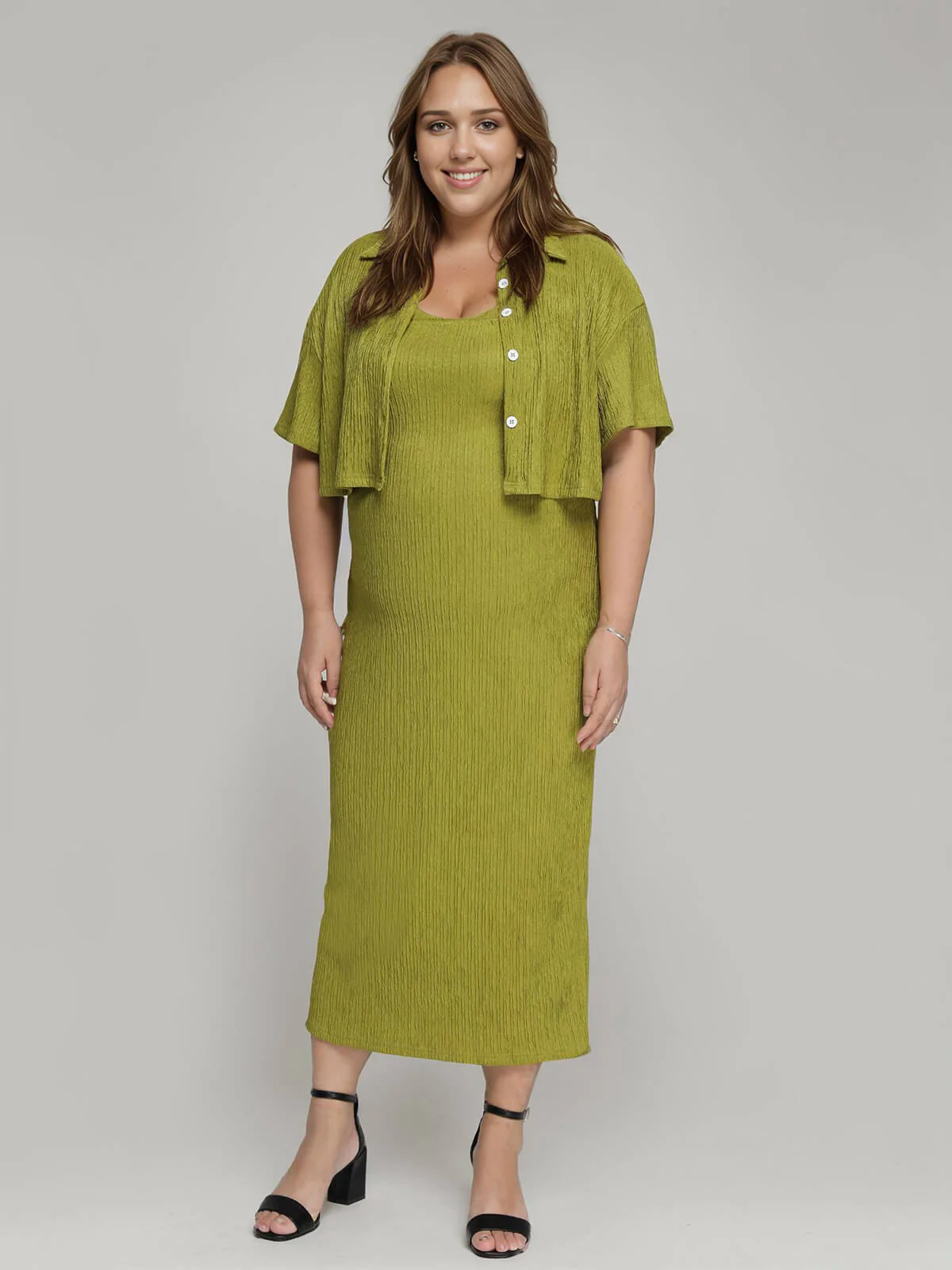 [Übergröße] 2PCS Avocado Grün 1960er Trägerkleid & kurzes Top - Image 2