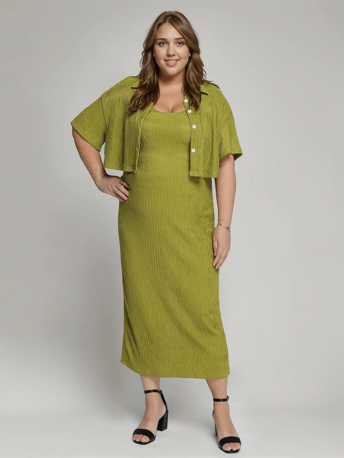 [Übergröße] 2PCS Avocado Grün 1960er Trägerkleid & kurzes Top - Image 3