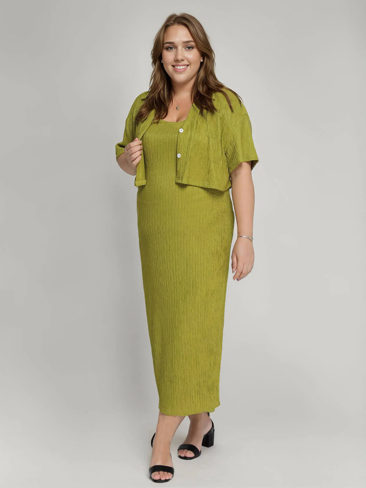 [Übergröße] 2PCS Avocado Grün 1960er Trägerkleid & kurzes Top - Image 5