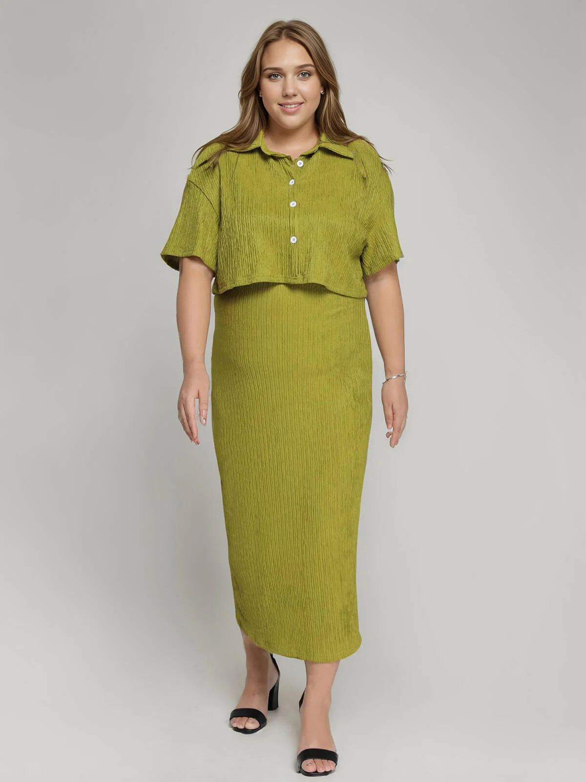 [Übergröße] 2PCS Avocado Grün 1960er Trägerkleid & kurzes Top - Image 6