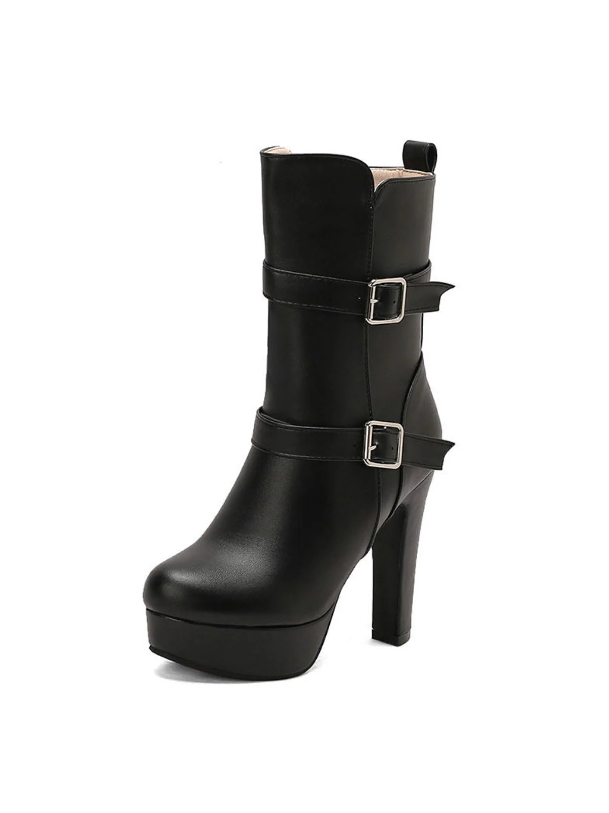Pu Leder Runde Zehenkappe Keil Ferse Wadenlang Stiefel