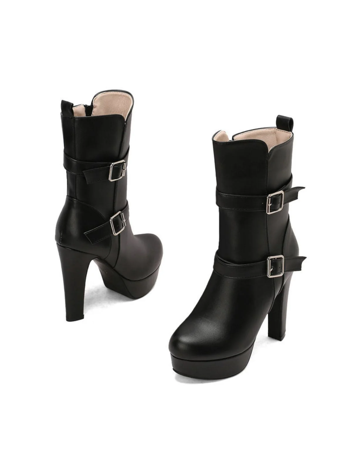 Pu Leder Runde Zehenkappe Keil Ferse Wadenlang Stiefel - Image 2
