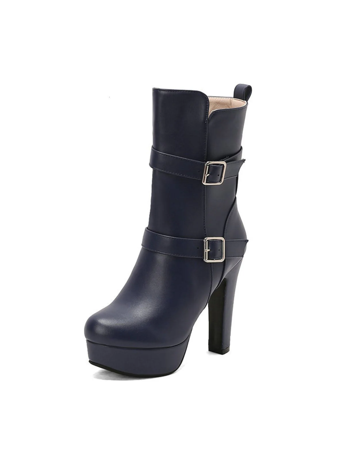 Pu Leder Runde Zehenkappe Keil Ferse Wadenlang Stiefel - Image 3