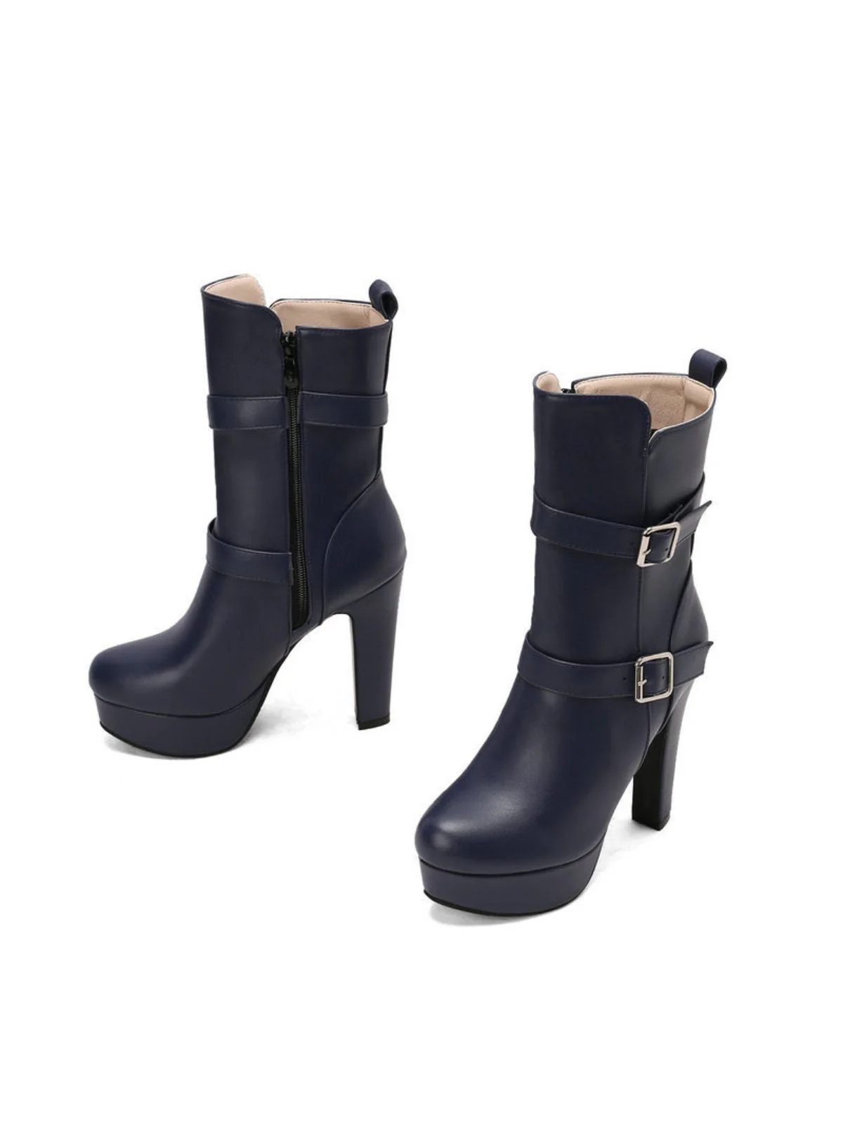 Pu Leder Runde Zehenkappe Keil Ferse Wadenlang Stiefel - Image 4