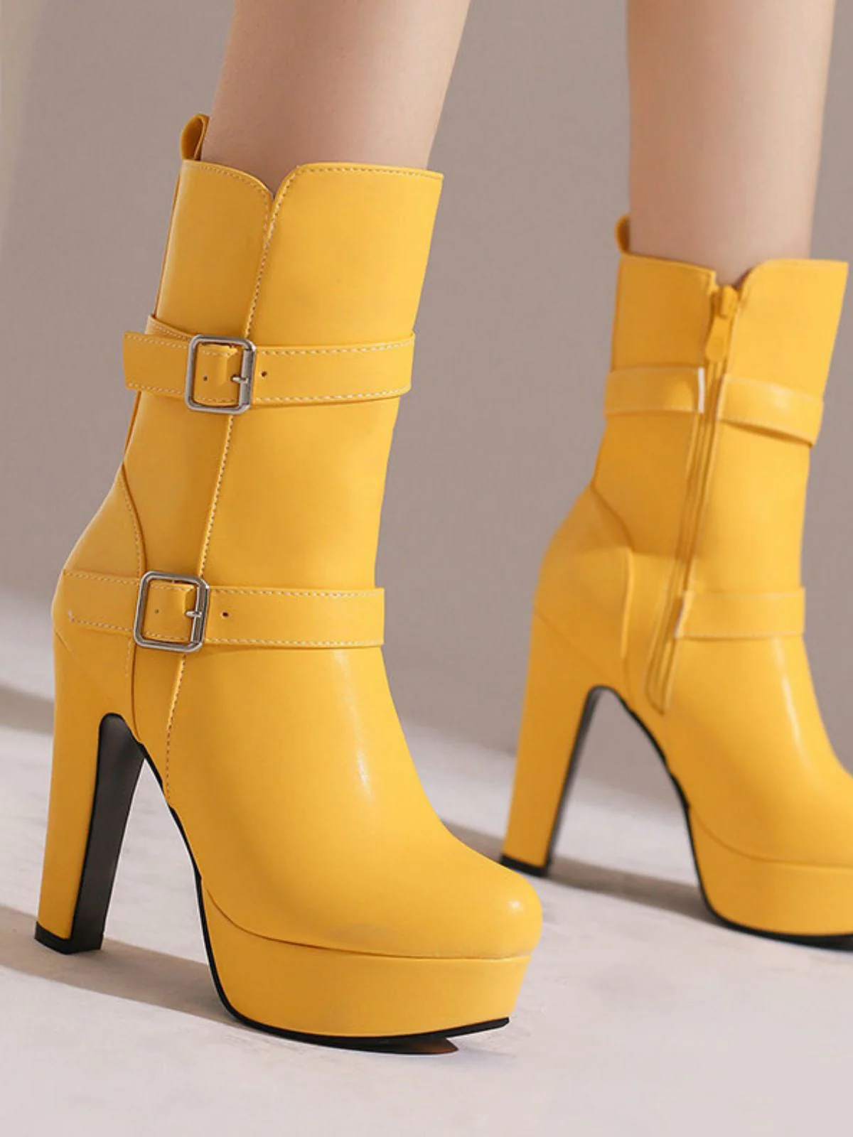 Pu Leder Runde Zehenkappe Keil Ferse Wadenlang Stiefel - Image 7