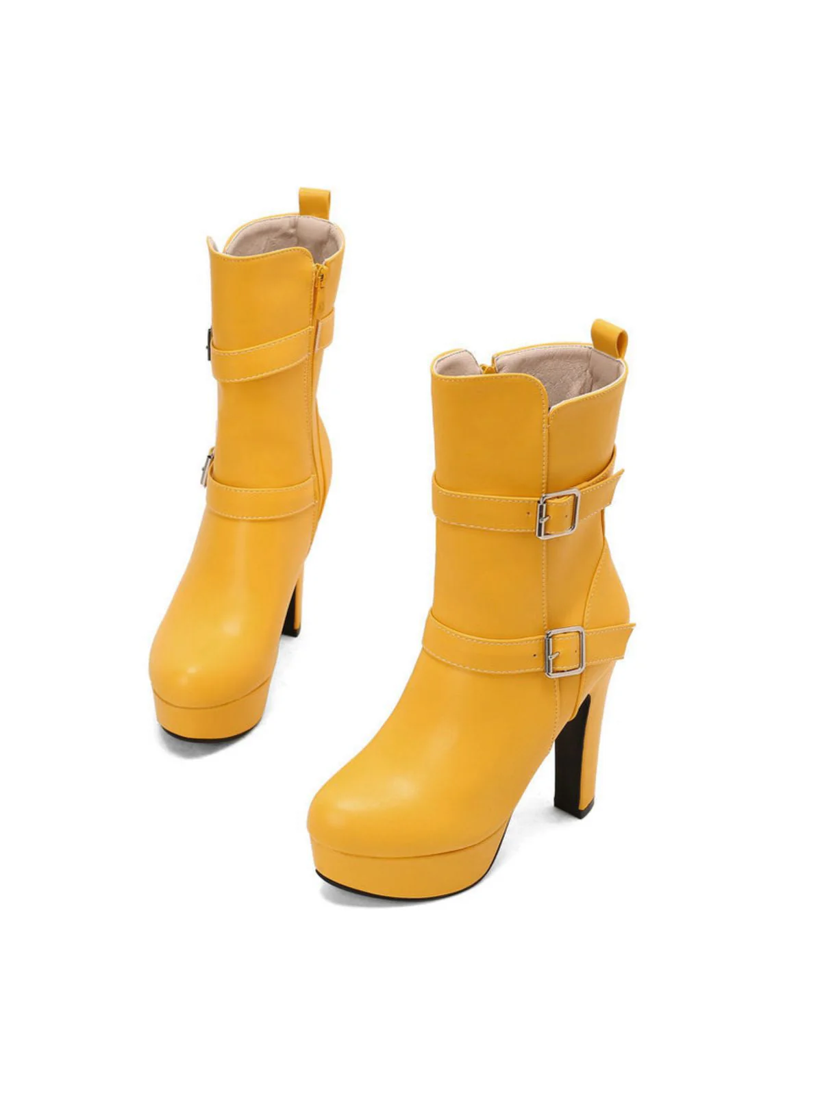 Pu Leder Runde Zehenkappe Keil Ferse Wadenlang Stiefel - Image 8