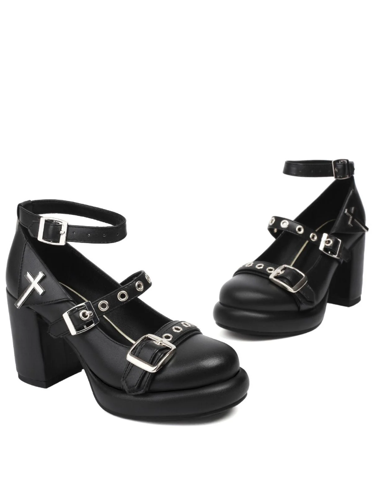 Punk Kreuzschnalle Knöchelriemen Chunky High Heels - Image 2