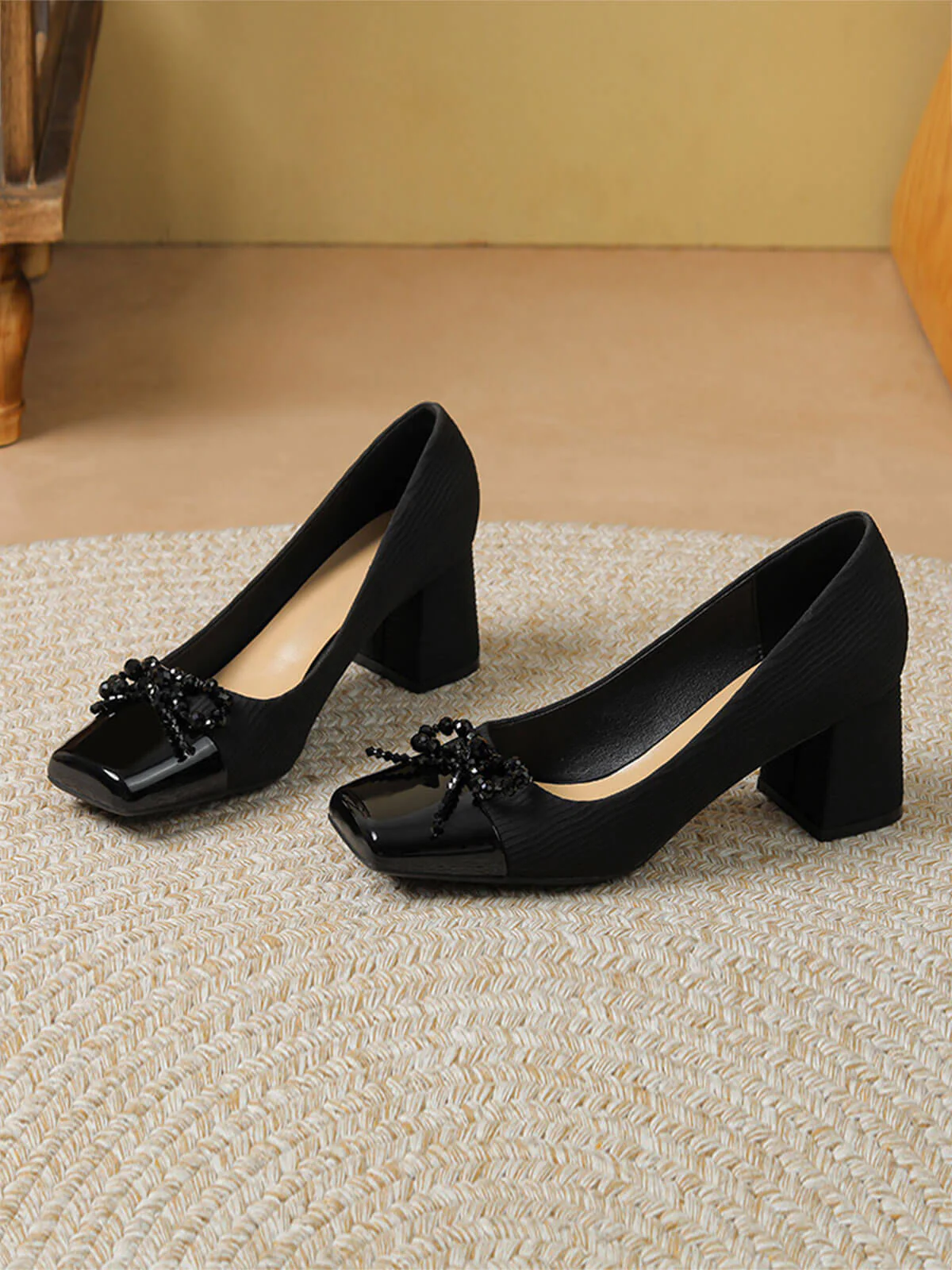 Quadratische Zehe Bowknot Spleißen High Heel Schuhe - Image 3