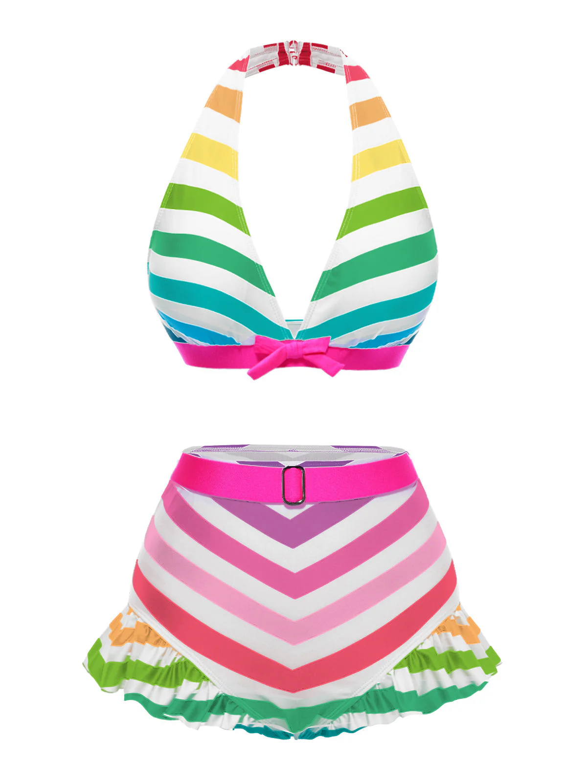 Schwarz 1950er Kontrast Bogen Rüschen Streifen Bikini - Image 8