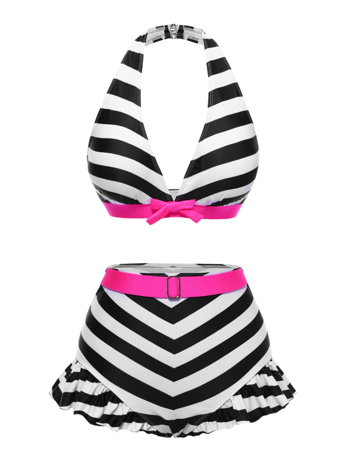 Schwarz 1950er Kontrast Bogen Rüschen Streifen Bikini - Image 2