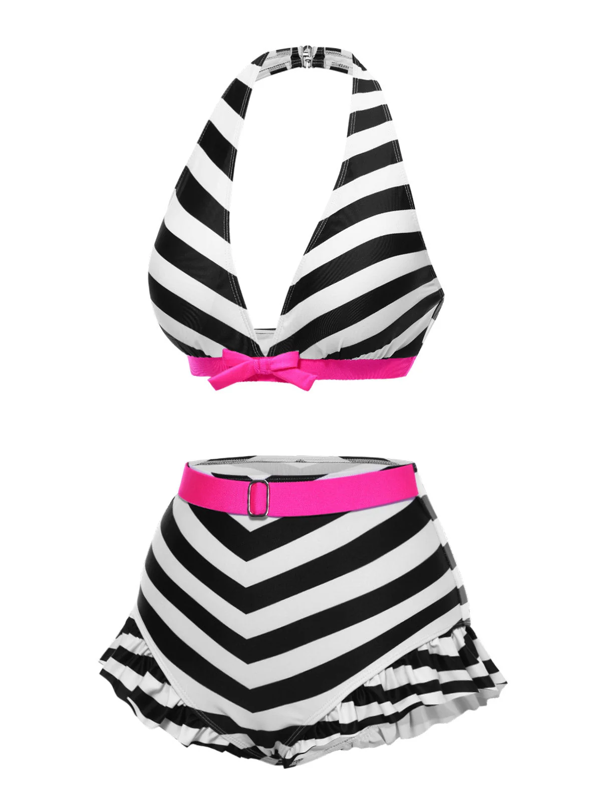 Schwarz 1950er Kontrast Bogen Rüschen Streifen Bikini - Image 3