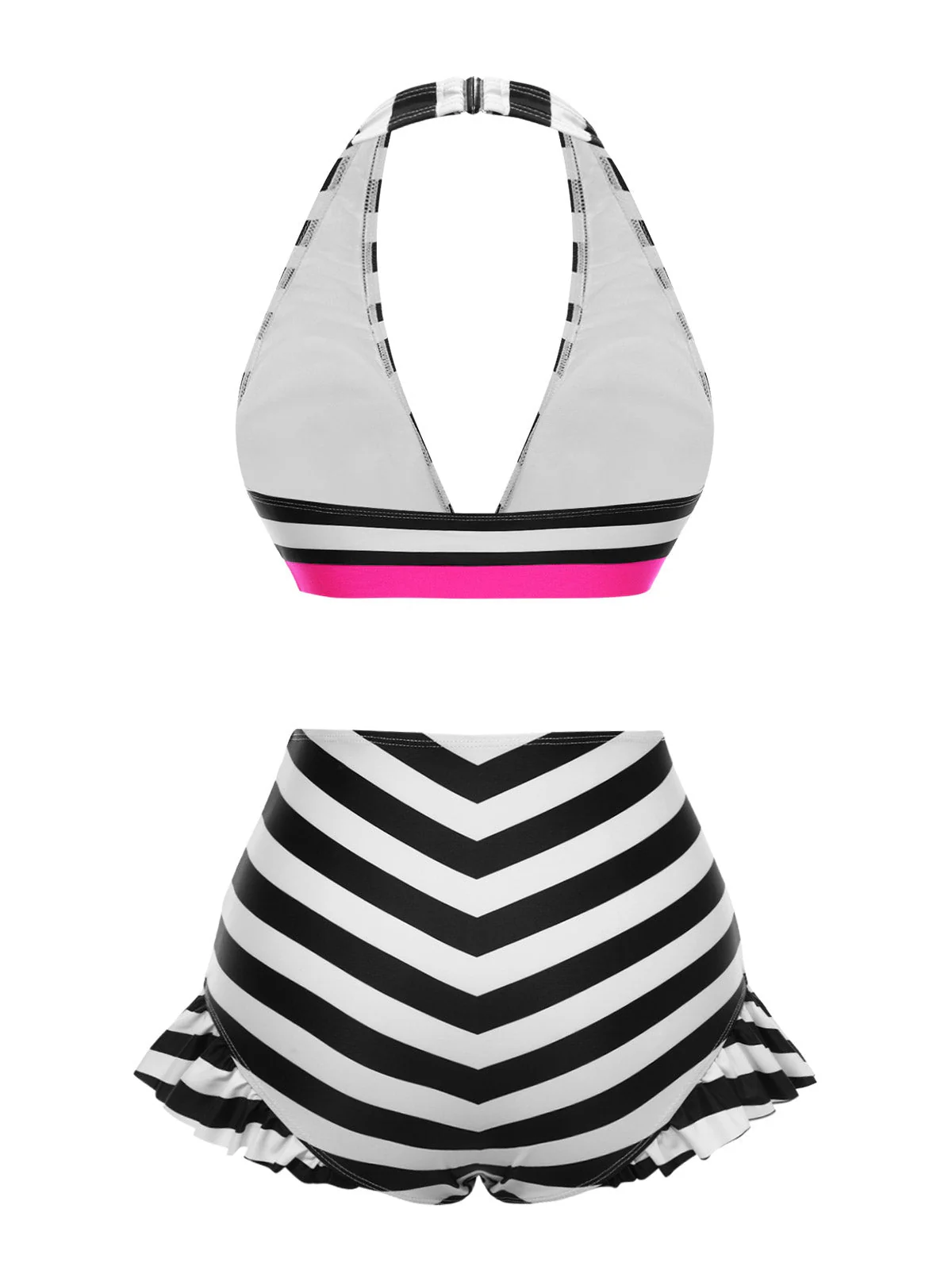 Schwarz 1950er Kontrast Bogen Rüschen Streifen Bikini - Image 4
