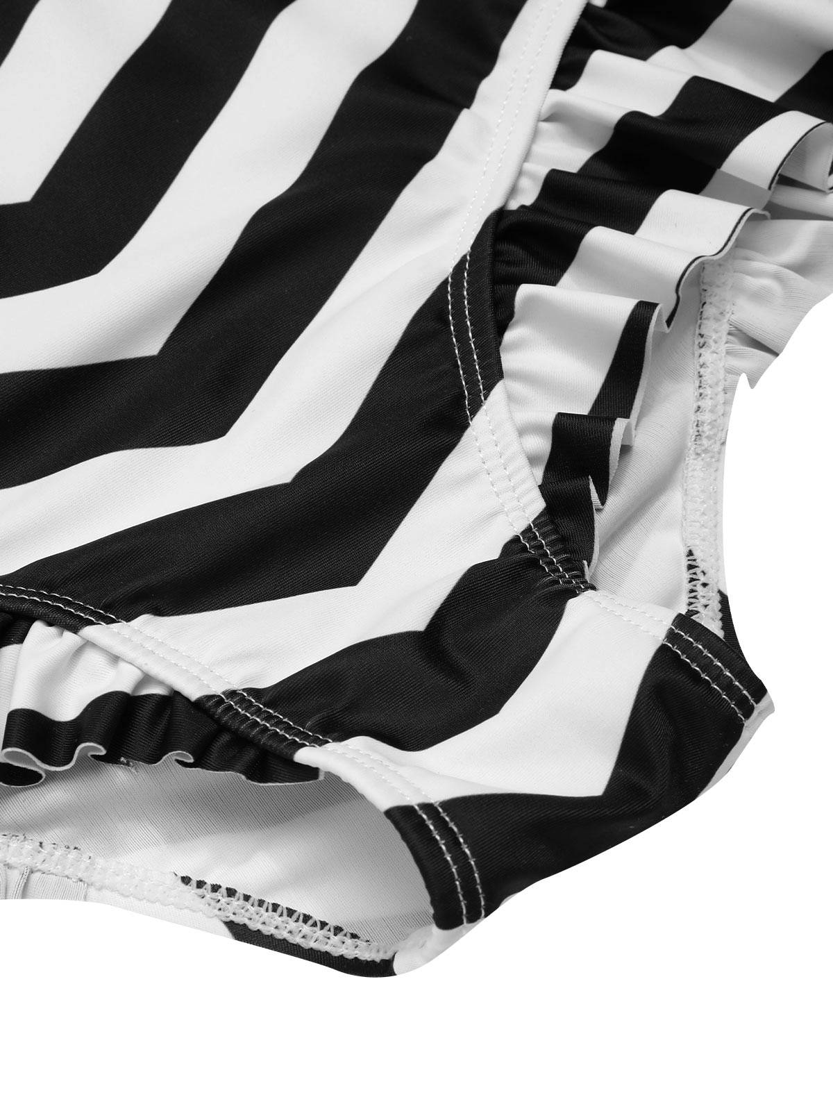 Schwarz 1950er Kontrast Bogen Rüschen Streifen Bikini - Image 7
