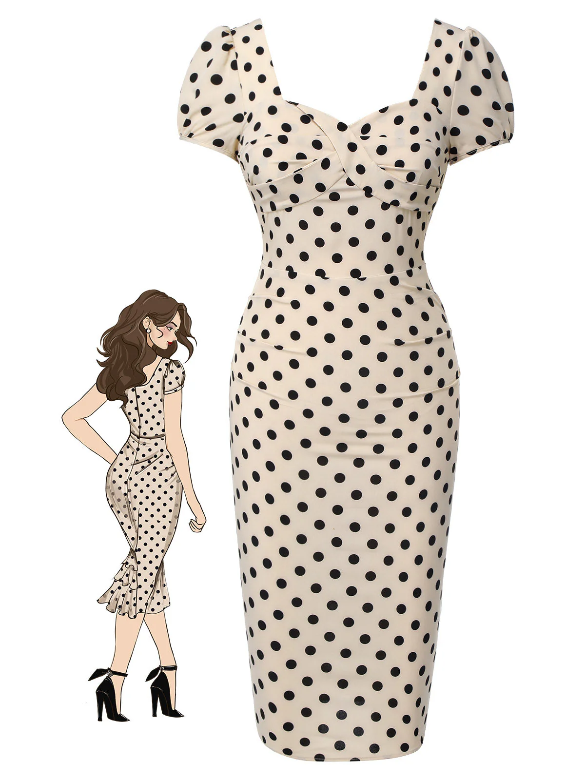 Beige 1960er Tupfen Quadratischer Hals Puffkleid