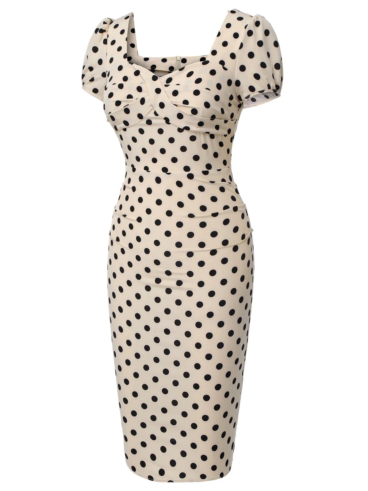 Beige 1960er Tupfen Quadratischer Hals Puffkleid - Image 5