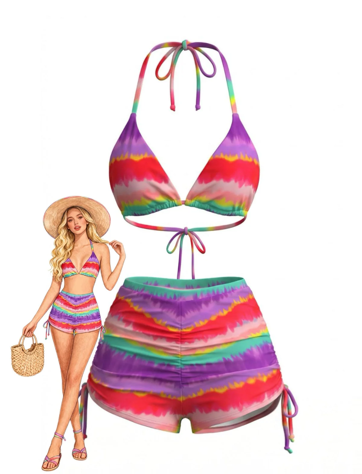 Regenbogen 80er Bikini & Shorts mit Streifen und Neckholder