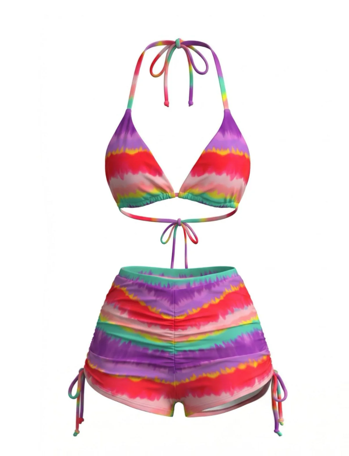 Regenbogen 80er Bikini & Shorts mit Streifen und Neckholder - Image 2