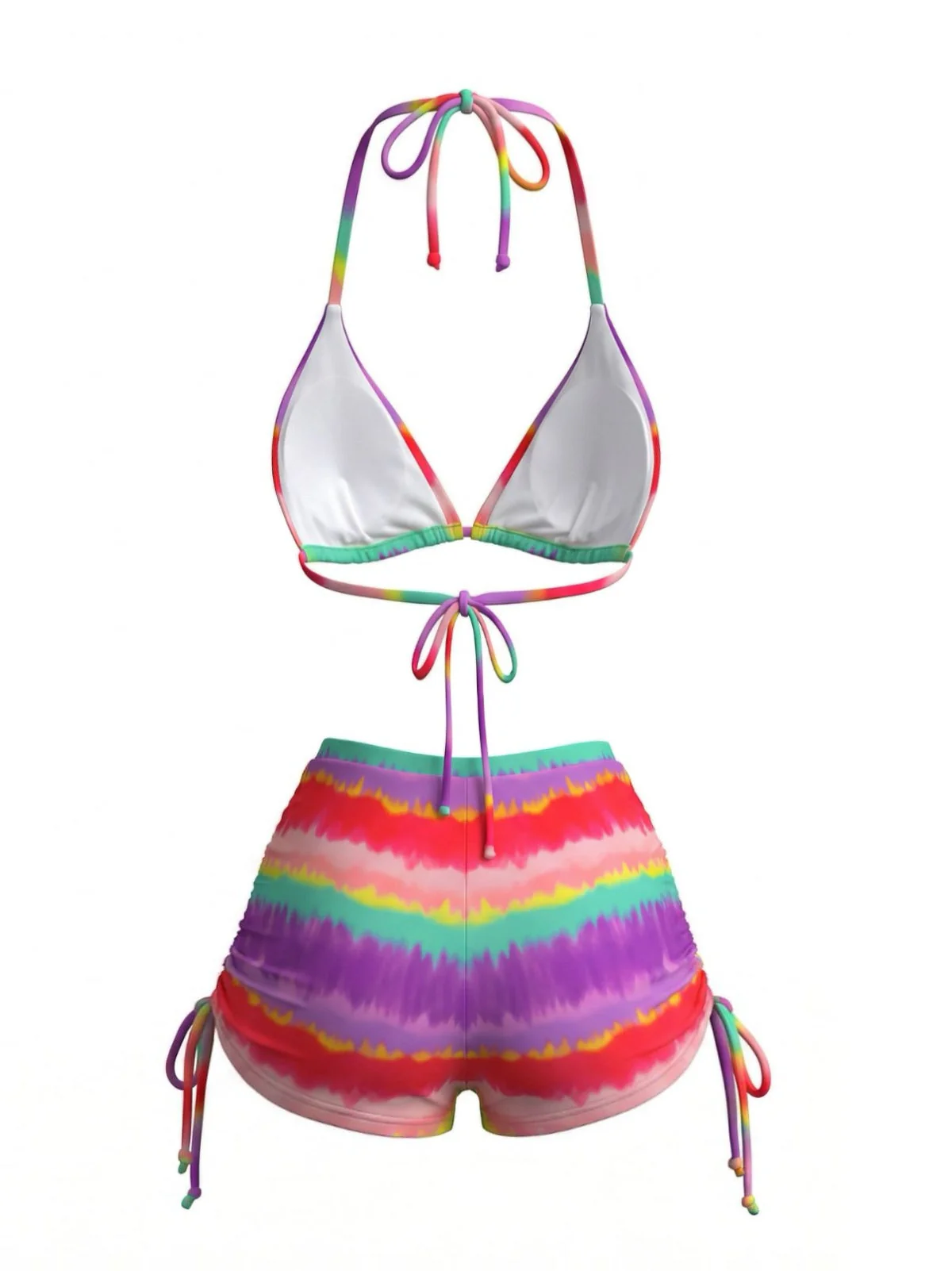 Regenbogen 80er Bikini & Shorts mit Streifen und Neckholder - Image 3
