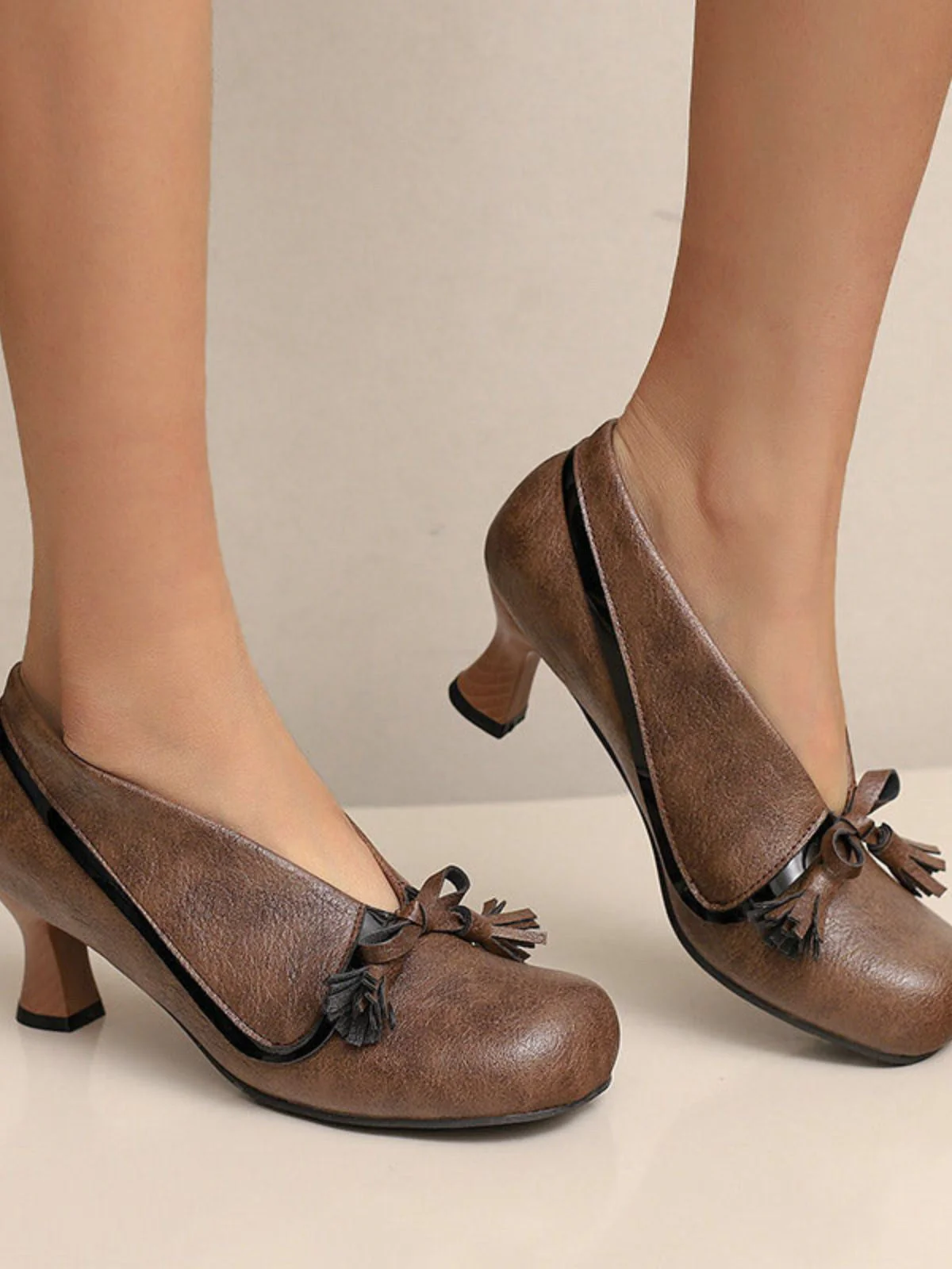 Retro Bogen PU Rundspitze Blockabsatz Schuhe - Image 21