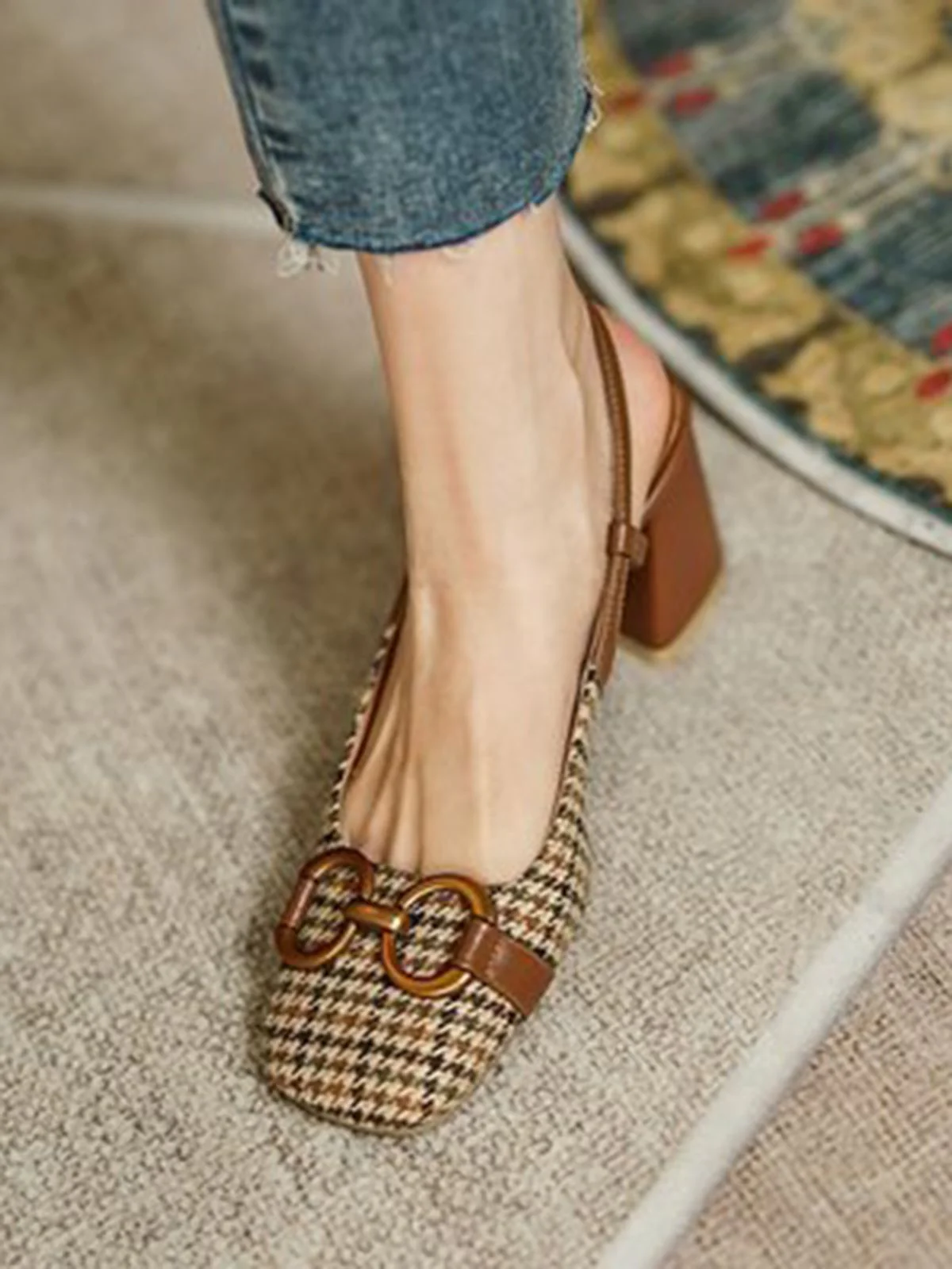 RETRO COFFEE PLAID DICKE HIGH HEELS SCHUHE - Image 3