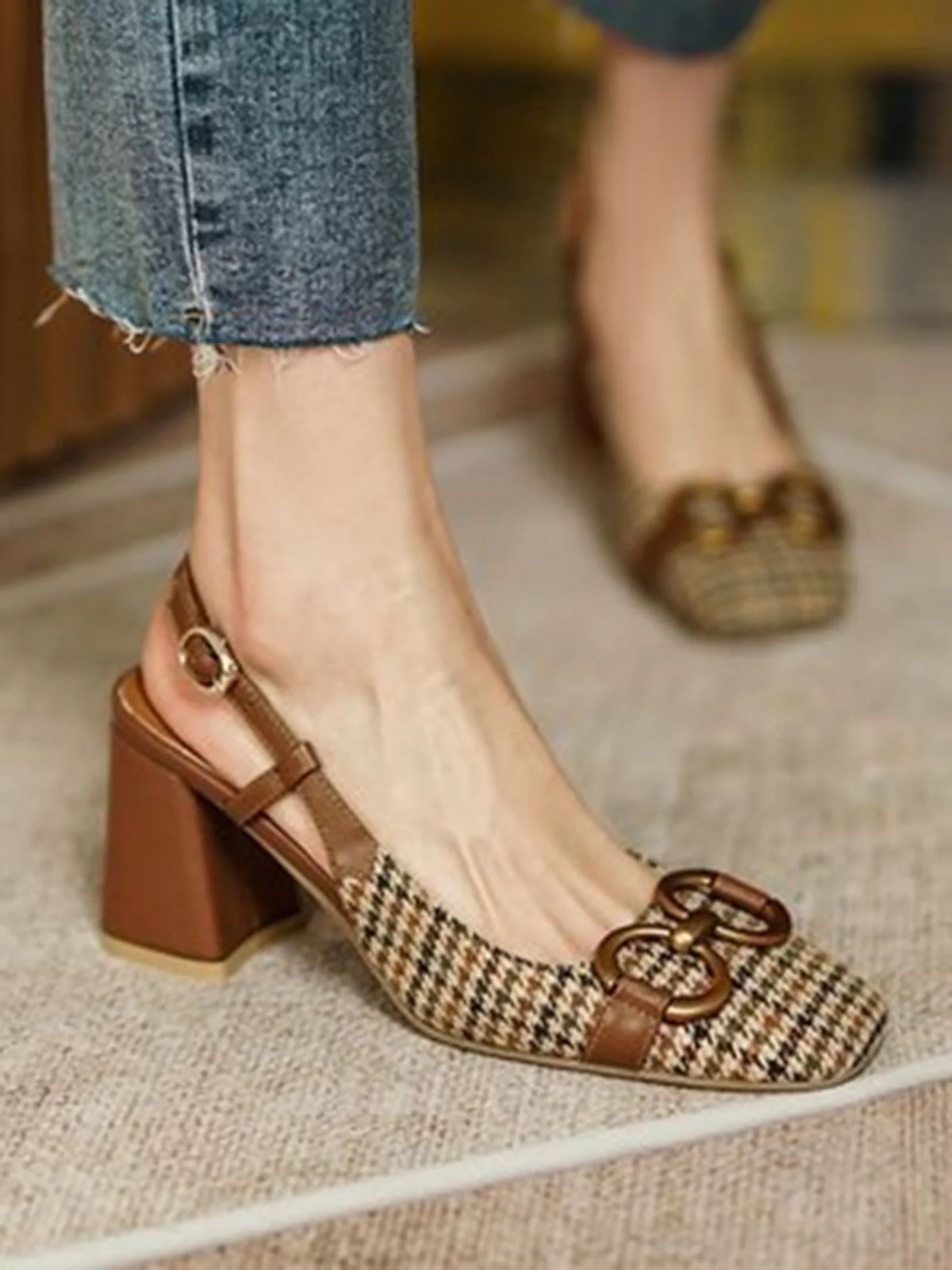 RETRO COFFEE PLAID DICKE HIGH HEELS SCHUHE - Image 4