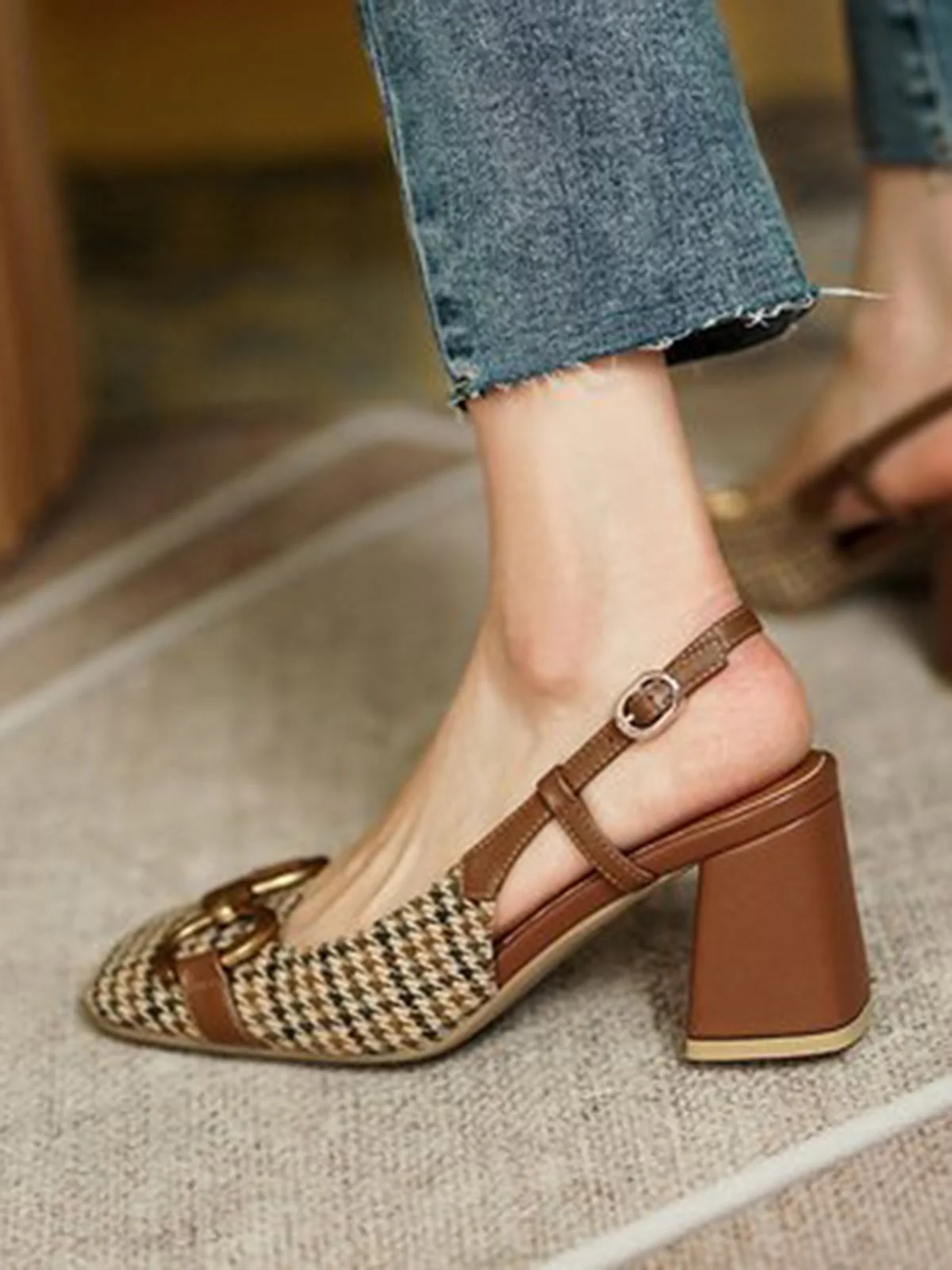RETRO COFFEE PLAID DICKE HIGH HEELS SCHUHE - Image 5