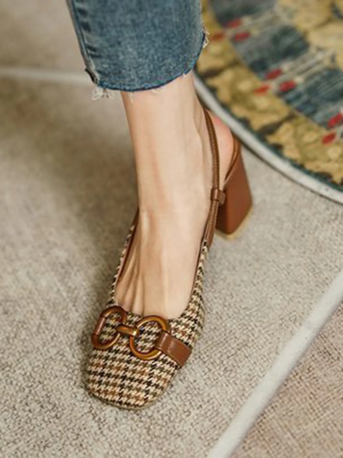 RETRO COFFEE PLAID DICKE HIGH HEELS SCHUHE - Image 6