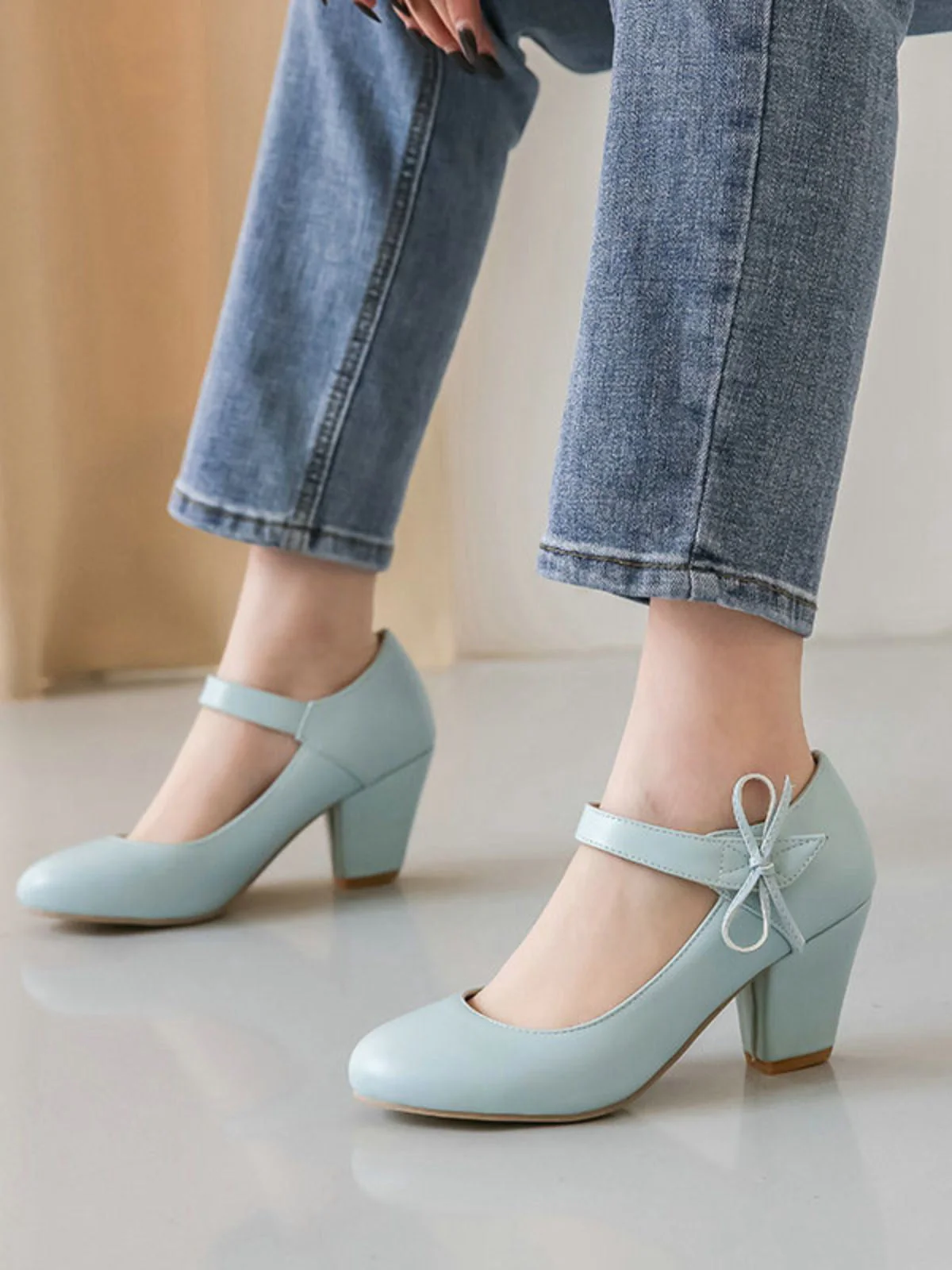 Retro Rundspitze Solide Bogen Blockabsatz Schuhe - Image 14
